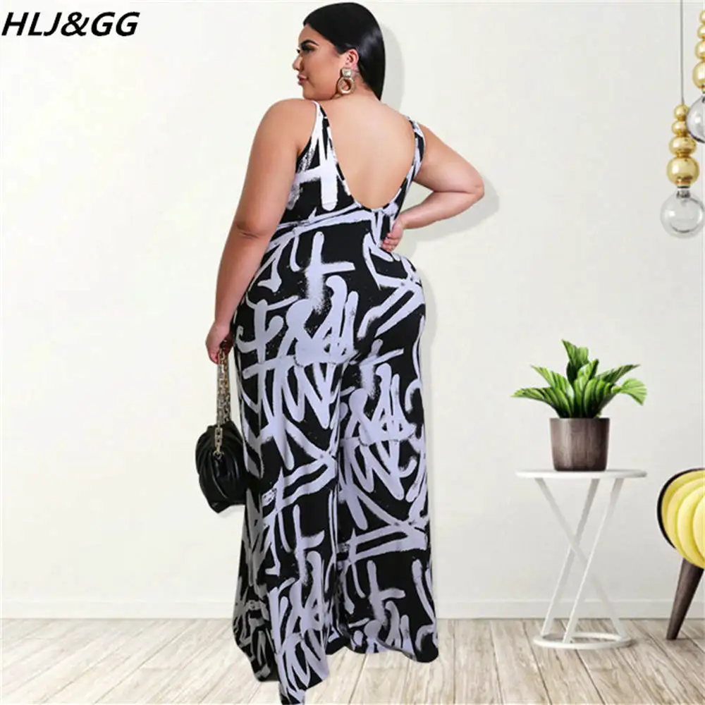 HLJ&GG Sexy Suspenders Loose Wide Leg Pants Jumpsuits Fashion Graffiti Print Sleeveless Playsuits Sexy V Neck Backless Clothing