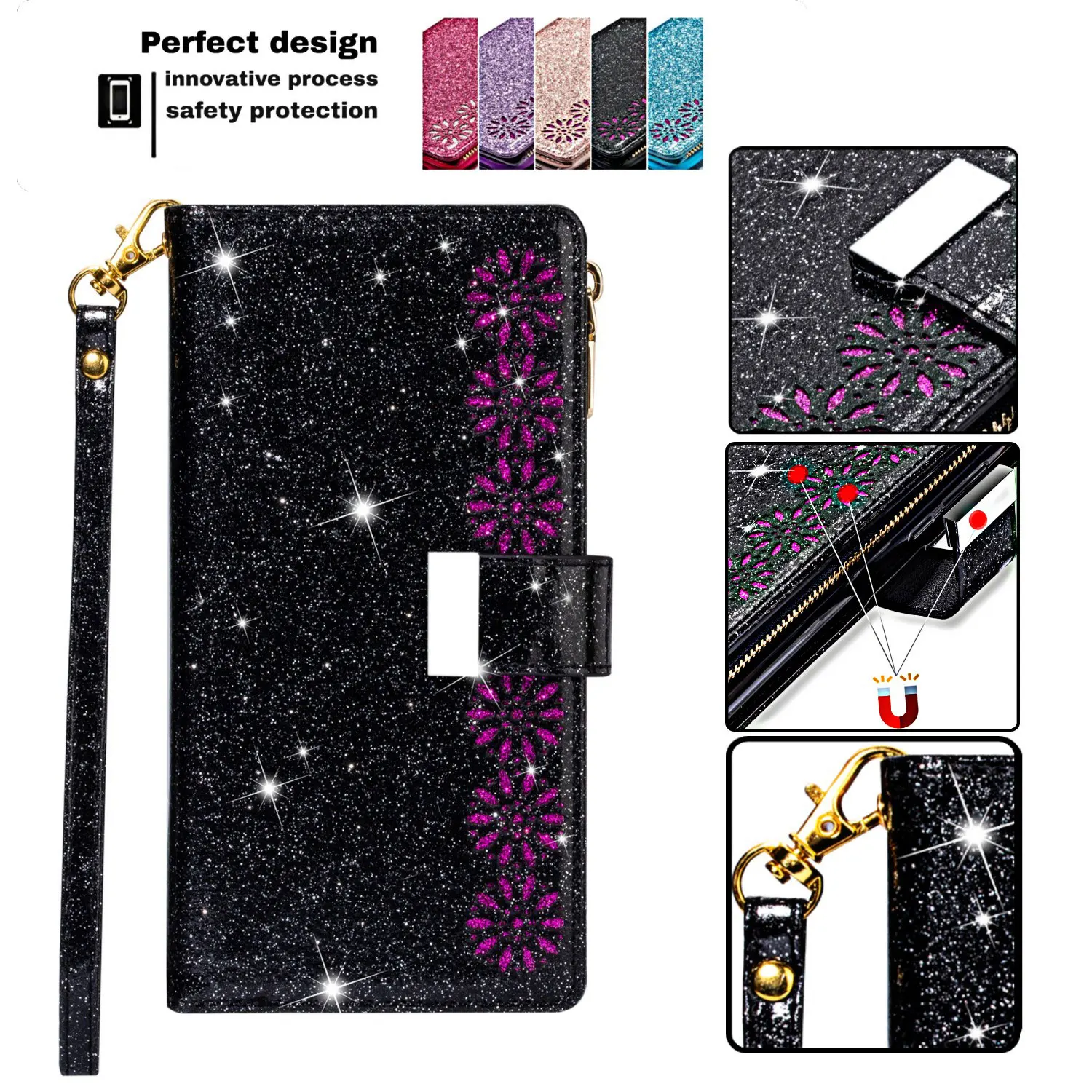 

Fashion Glitter Zipper Phone Case For Iphone 13 Pro MAX 12 13 Mini 11 Pro MAX XS XR X 7 8 6 Plus SE Flip Cover with Card Pocket