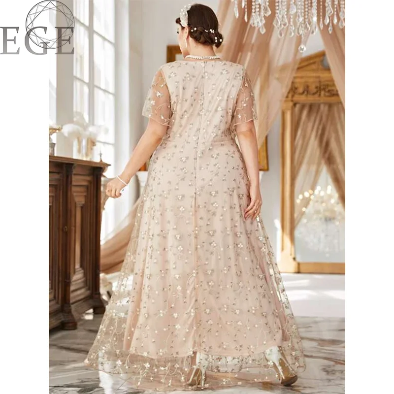 Plus Size 4XL5XL Embroidered Lace Chiffon Dress Apricot Banquet Party Wedding Dress Plus Size V Neck Short Sleeves Maxi Chiffon