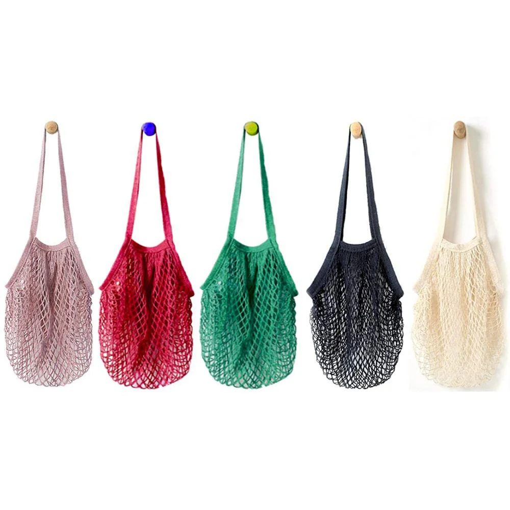 

5 упаковок многоразовых сетчатых сумок для продуктов, моющаяся Хлопковая сумка для покупок на шнурке с длинной ручкой, случайный цвет