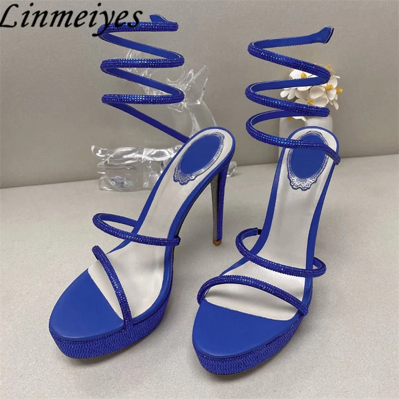 

2023 New Platform Sandals Woman Crystal Ankle Snake Twine Around Runway Shoes Women Super High Heels Gladiator Sandals Women