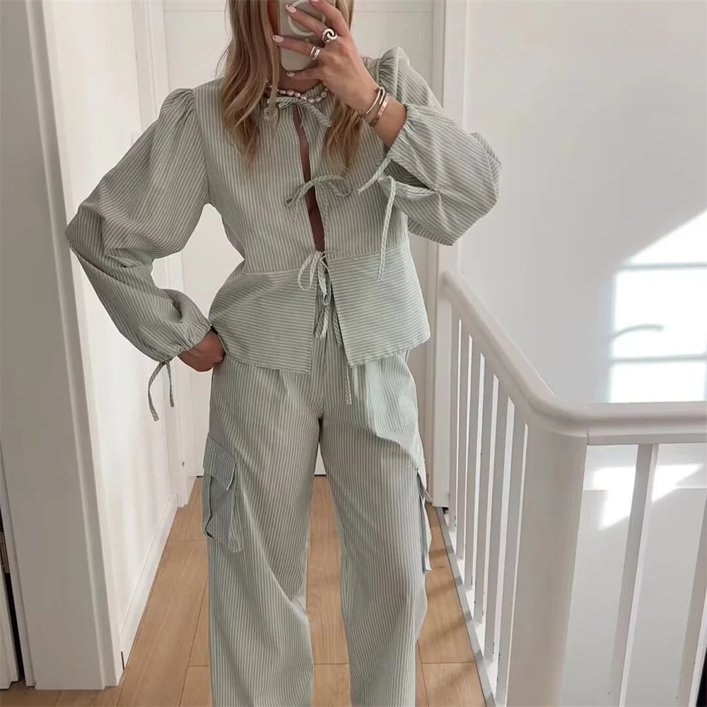 Женский модный новый уникальный и элегантный комплект из рубашки брюк в полоску