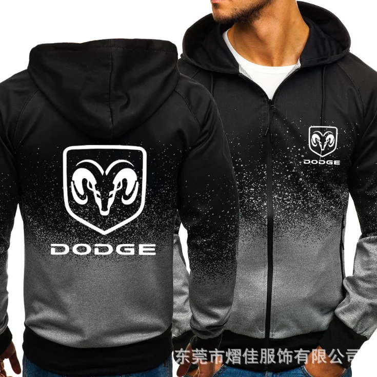 

2022 for DODGE Car Logo Print Casual HipHop Harajuku Gradient color Hooded Mens Fleece Sweatshirts zipper Jacket