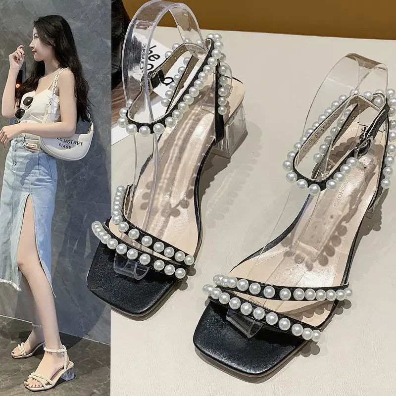 

Женские сандалии с жемчугом, босоножки в римском стиле на толстом каблуке, большие размеры 35-42, лето 2022