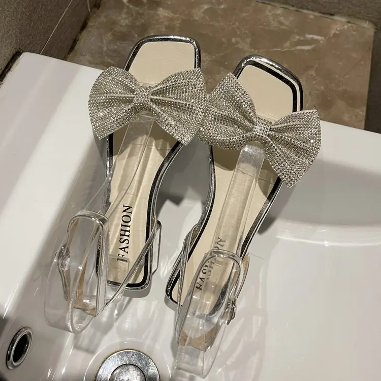 

Сандалии женские на плоской подошве, пляжные босоножки с бантом, блестками, открытый носок, Повседневная однотонная удобная обувь, лето