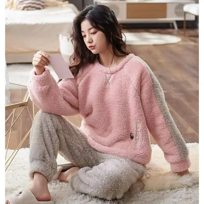 M-4XL Coral Velvet Pajamas Sets Women Winter Thick Warm Flannel Sleepwear Round Neck Loose Pyjamas Suit Home Clothing