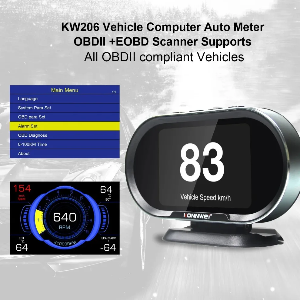 Фото KONNWEI KW206 OBD2 бортовой компьютер авто цифровой OBD 2 сканер потребление топлива датчик температуры воды дисплей №1