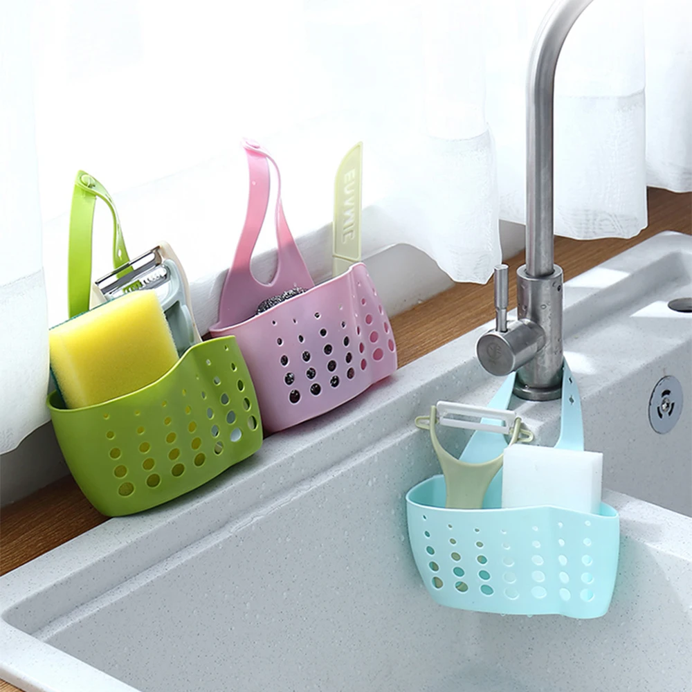 

Home Storage Drain Basket Kitchen Sink Holder Adjustable Snap button Soap Sponge Hanging Drain Basket Bag Kitchen Accessories