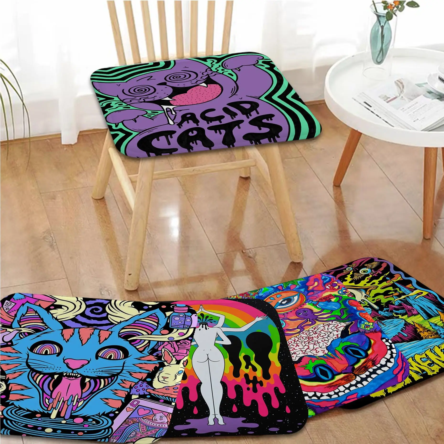 

Colourful Psychedelic Trippy Art Round Meditation Cushion Stool Pad Dining Chair Tatami Seat Anti-Slip Cushions Home Decor