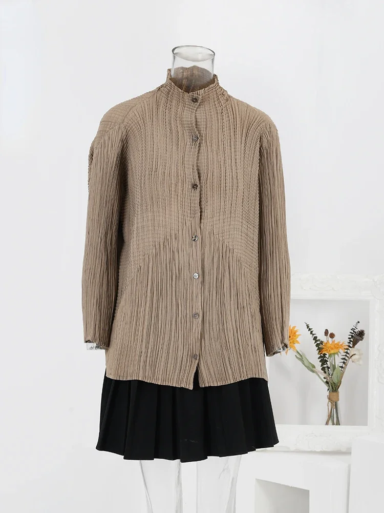 

Miyake Original Vintage Pleated Solid Color Shirt Women Stand Collar Long Sleeves Single Breasted Tops Fashion 2024 Spring New