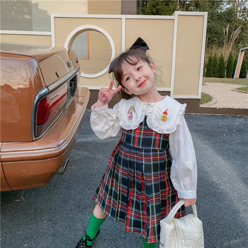 

Children's Clothing 2022 Spring Girls' College Style Shirt Plaid Suspender Skirt Set Women's Treasure Korean Two-piece