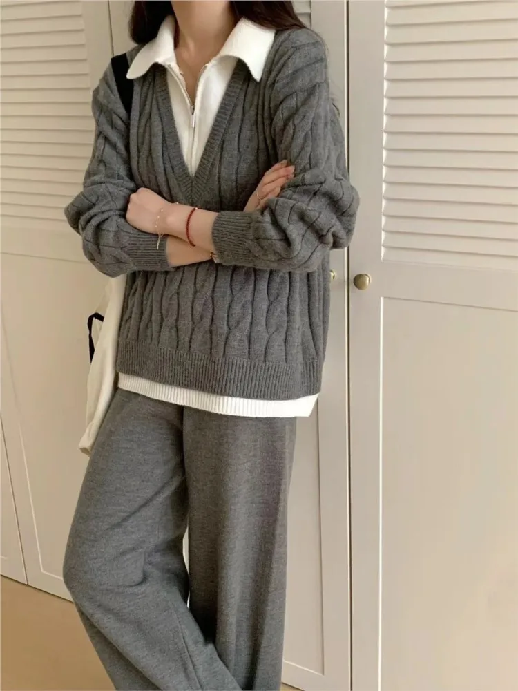 Zipper Fake Two Piece Swaeter And Wide Leg Pant SetTwisted Knit Top + Trouser Chic Women Set Winter Autumn Female Outfits 2024