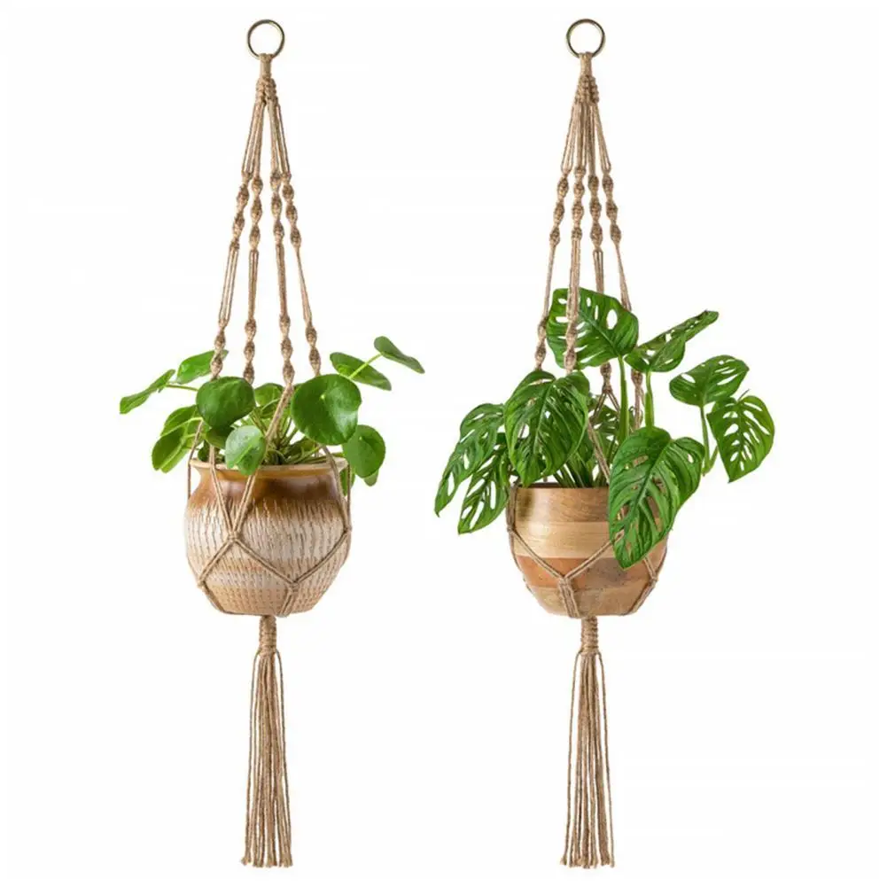

2Pcs/Set Plant Hanger Handmade Pot Tray Holder Knitted Tassel Rope Garden Plant Hanger
