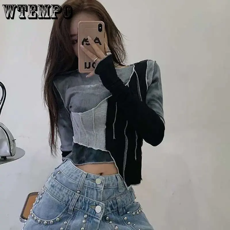 

WTEMPO Long Sleeve T-Shirts Women New Slim Irregular Patchwork Tie-dye O-Neck Tops Chic Fashion Leisure Black Tees Streetwear