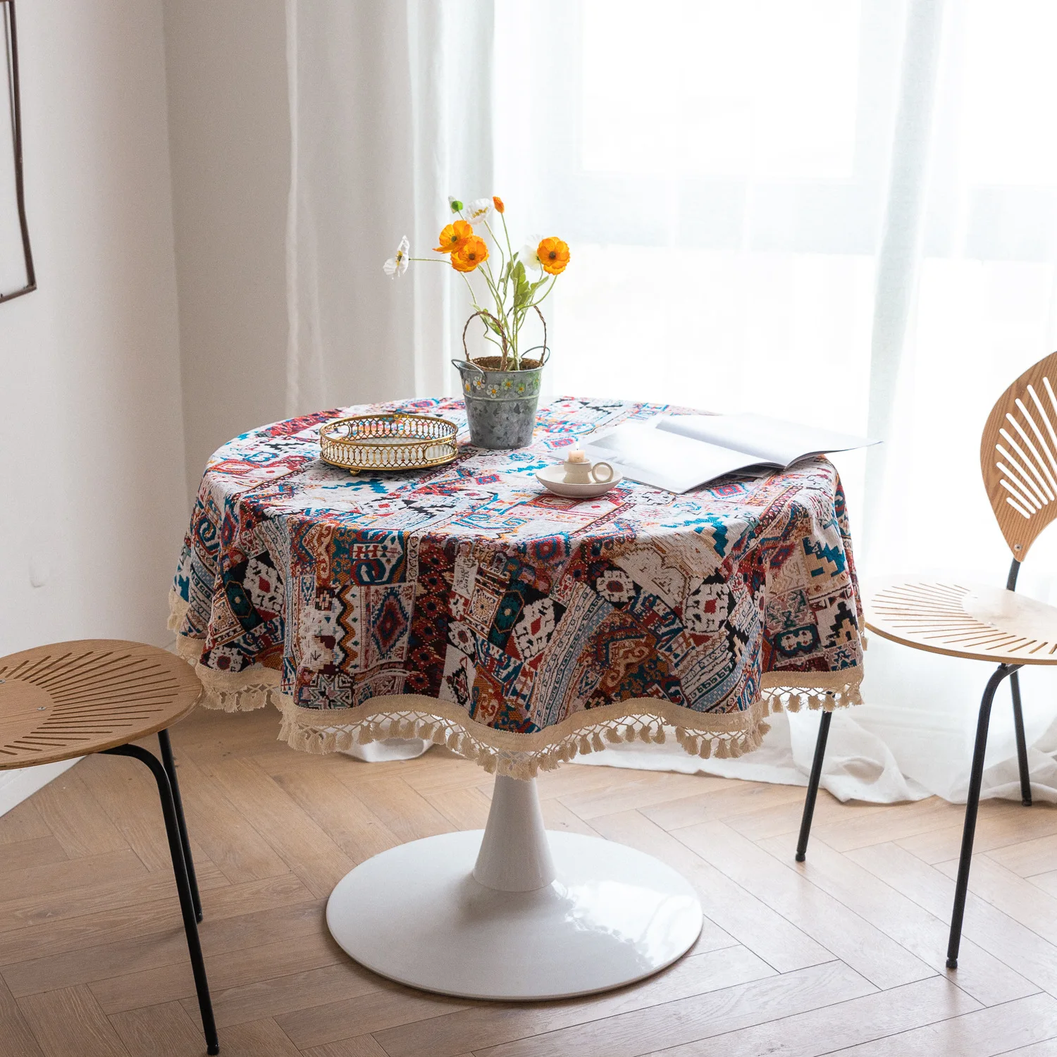 

American Country Style Retro Round Tablecloth Kitchen Dining Room Decoration Square Table Cover Towel Fringed Tablecloth