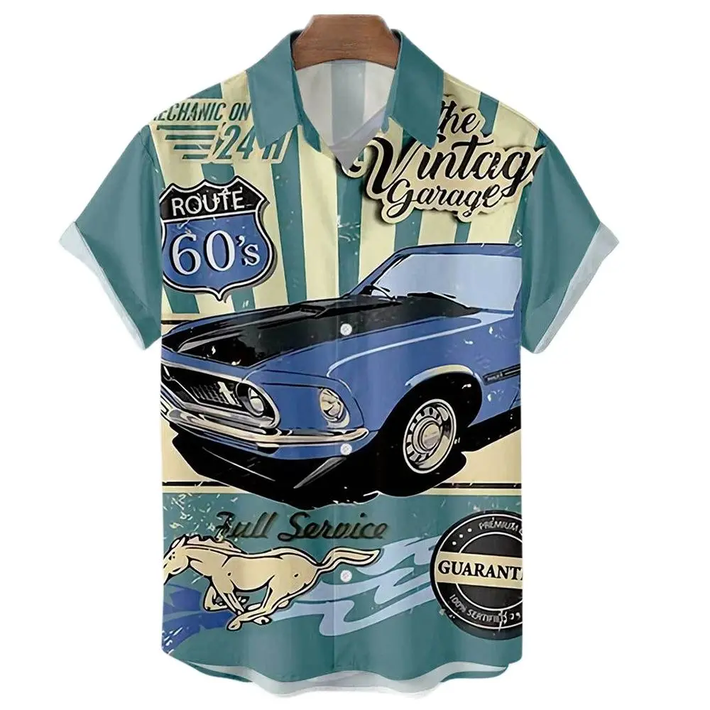 Summer Shirts for Men Vintage Print Hawaiian Shirts Men Clothing 3D Car Pattern Tops Loose Oversized Shirt Tee 2022 New Camisa