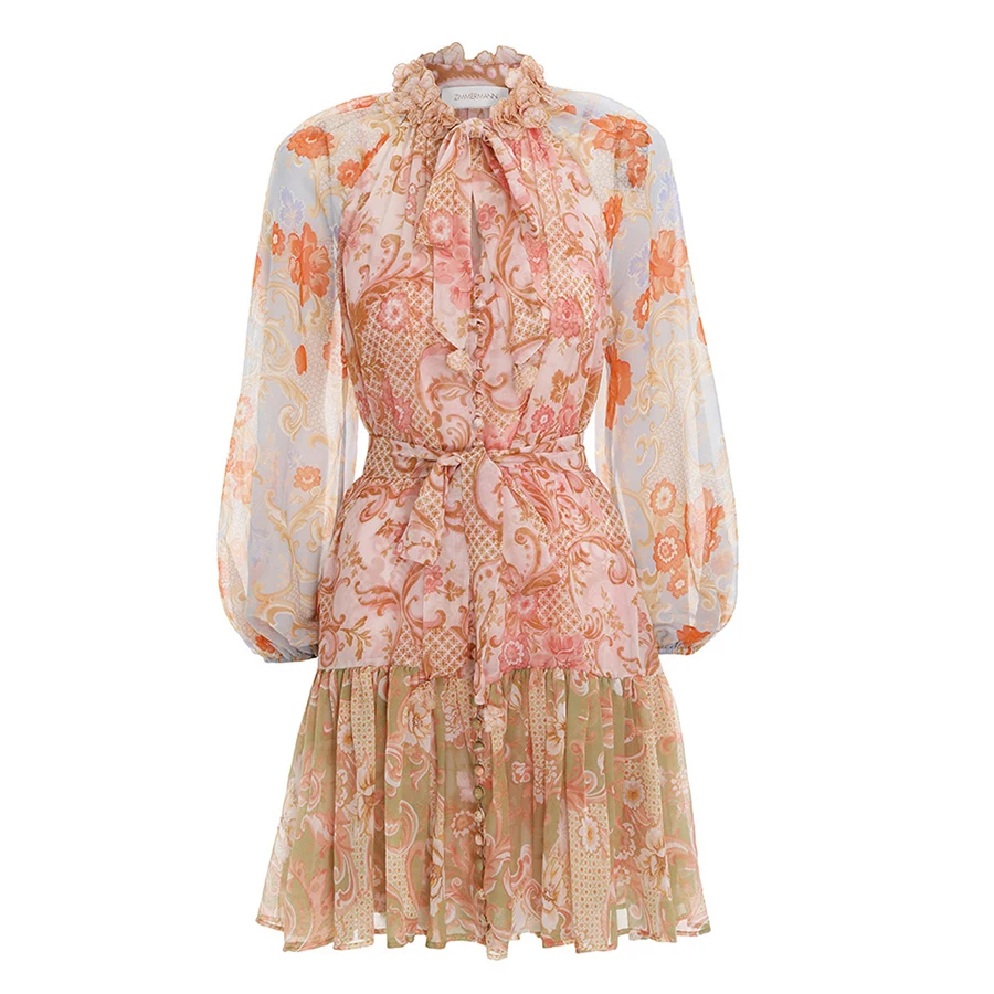 

Spring Dress Floral Print Patchwork 2022 Female Elegant Dresses for Women Party Casual Mini Dress Vintage Floral Sundress Belt