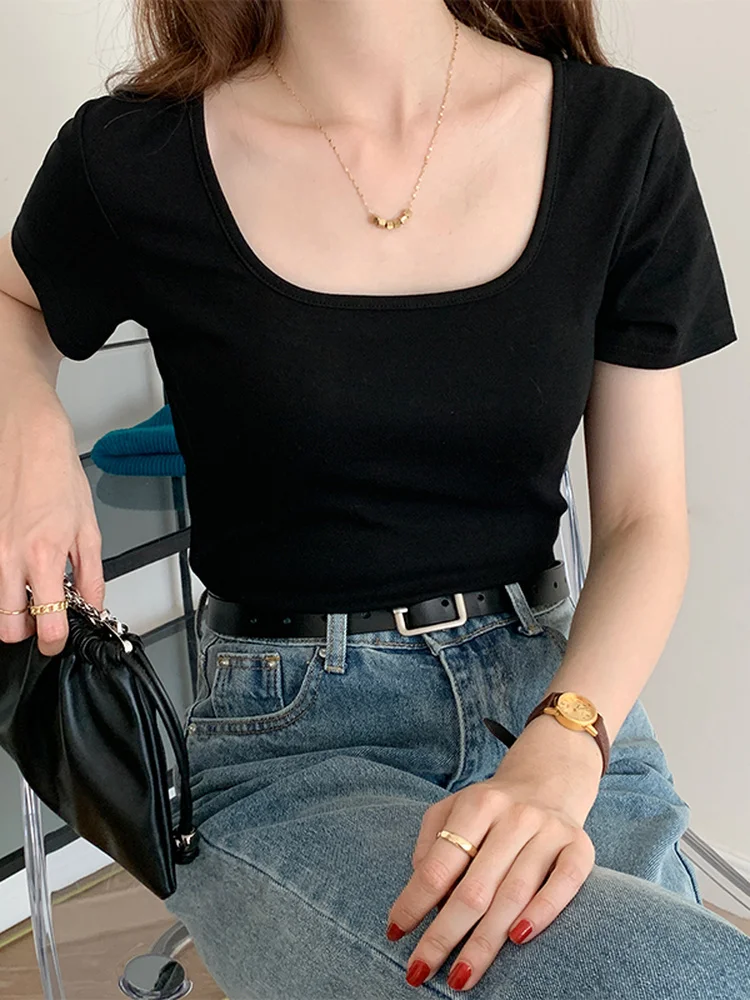 Woherb Однотонная футболка с квадратным воротником женские облегающие