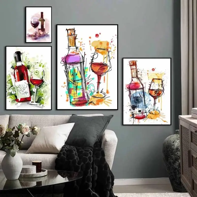 

Nordic Graffiti Canvas Painting Wine Bottle Goblet Abstract Poster and Print Kitchen Dining Room Living Room Decor Home Decor