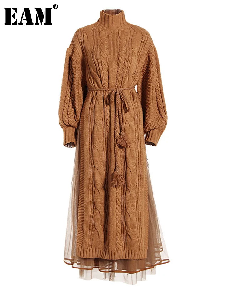

[EAM] Women Camel Bandage Hem Slit Long Knitting Casual Dress New Turtleneck Long Sleeve Fashion Tide Spring Autumn 2023 1DF3800