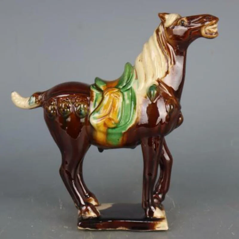 

China Tangsan Color Glazed Ceramic Purple War Horse Porcelain Statue 8.74