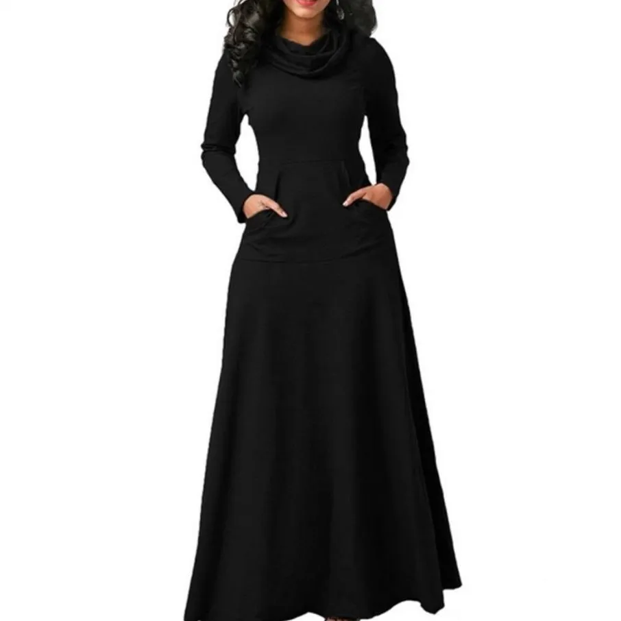 

Women Warm Dress With Pocket Casual Solid Vintage Autumn Winter Maxi Dress Robe Bow Neck Long Elegant Dress