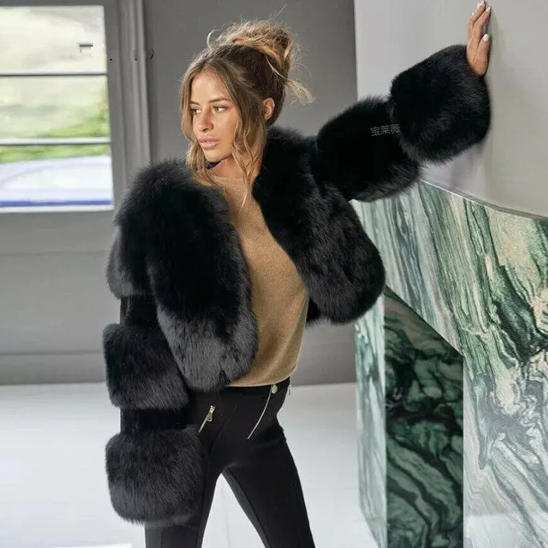 Large Size Black Fur Coat Women's Short Stitching Fox Fur Jacket Imitation Fur Coat Jacket Faux Fur Coat