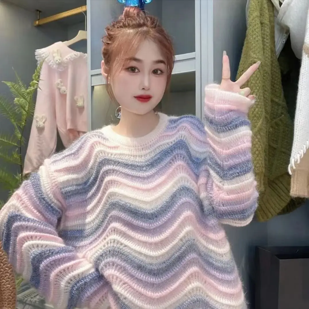 

DAYIFUN Knitted Pullover Rainbow Striped Shirring Hollow Out Sweater 2022 Autumn Winter New Loose Y2K Aesthetic Kawaii Knitwear