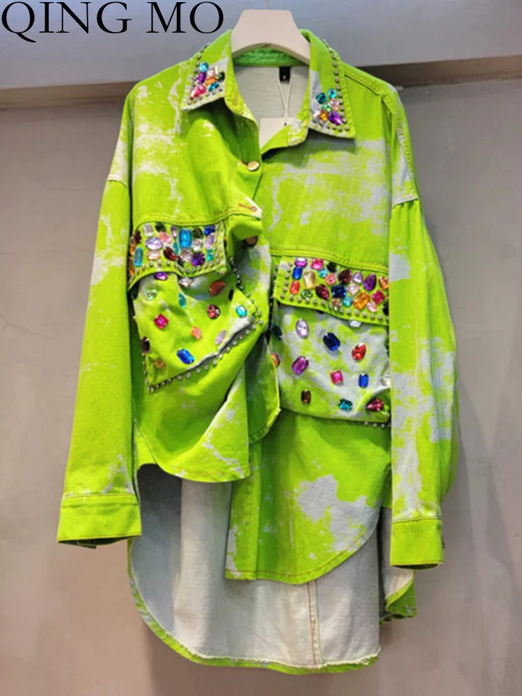 

QING MO 2023 Spring Autumn New Denim Jacket Women Fashion Shirt Top Printed Beaded Diamond Cardigan Jacket ZXF1717