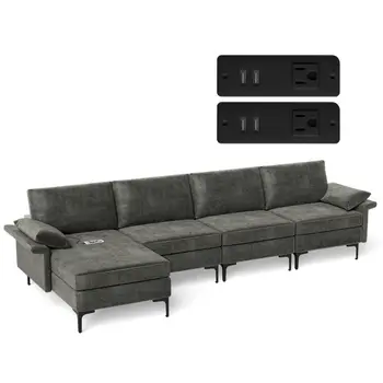 Costway Modern Modular L-shaped Sectional Sofa w/ Reversible Chaise & 4 USB Ports Grey