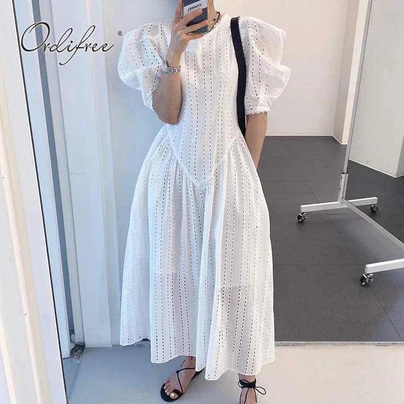 

Ordifree 2022 Summer Women Long White Dress Short Sleeve Hollow Out Vintage Lace Crochet Maxi Beach Dress