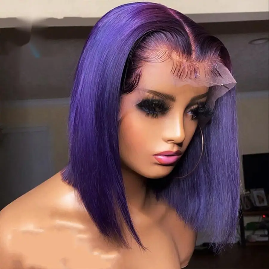 Brazilian Hair Purple Remy Human Hair Wig Transparent Straight Bob Human Hair Wig Short Haircut Wig Lace Front Human Hair Wigs