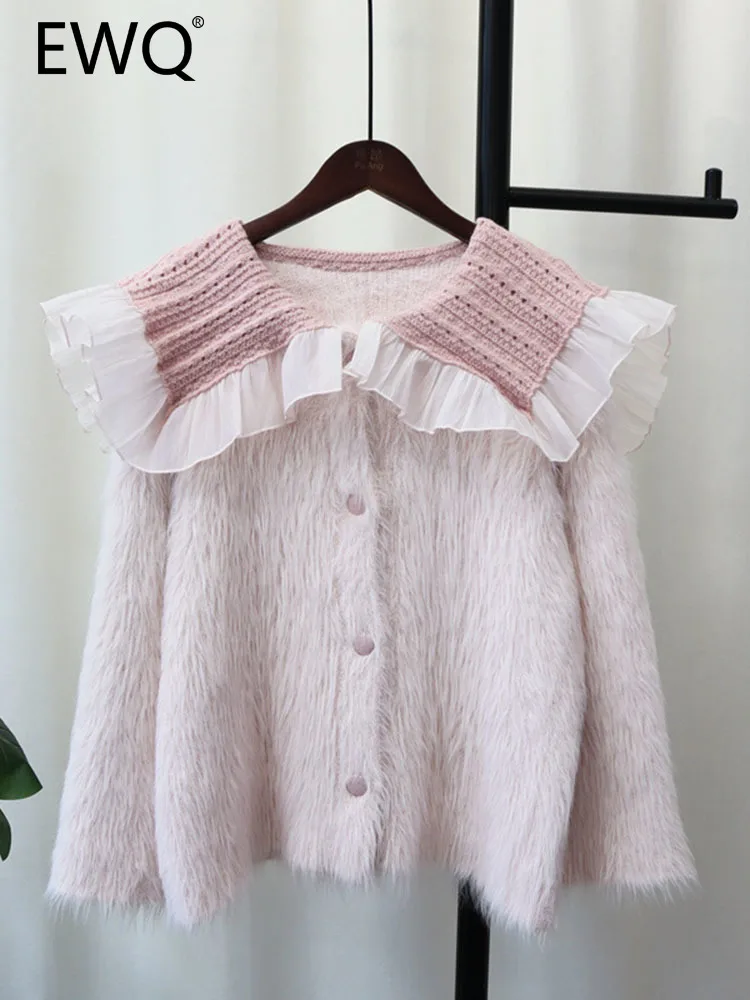 

EWQ Peter Pan Collar Knitted Patchwork Single-breasted Sweet Style Korean Chic Women Cardigan Sweater Autumn 2023 New 27SN3345