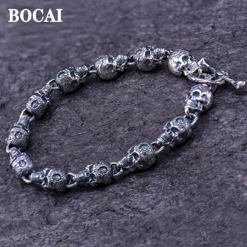 BOCAI Real S925 Silver Skull Bracelet for Men Detachable Assembled Hip-Hop Dark Gothic Trend Jewelry High Quality Gift