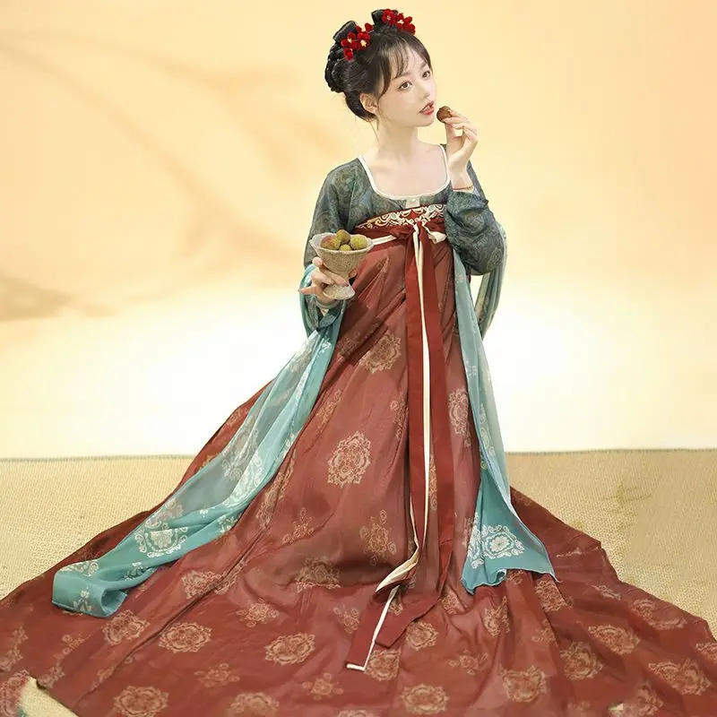 

Spring and Summer Chinese Traditional Hanfu Set Printing Sweet and Cute Hanfu Dress Set Green Blue Fairy Custome Cosplay