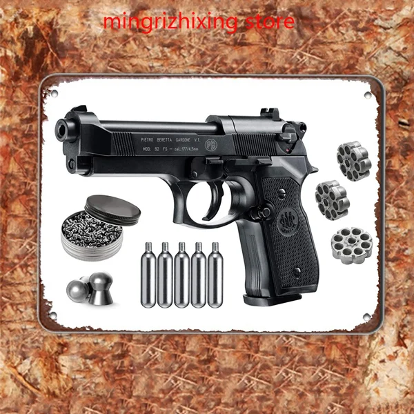 

Beretta M92FS Blowback Air Gun with 5x12 CO2 Tanks and Pack of 500ct Lead Pellets Bundle (Black+Mag+Accessories) Metal wall sign