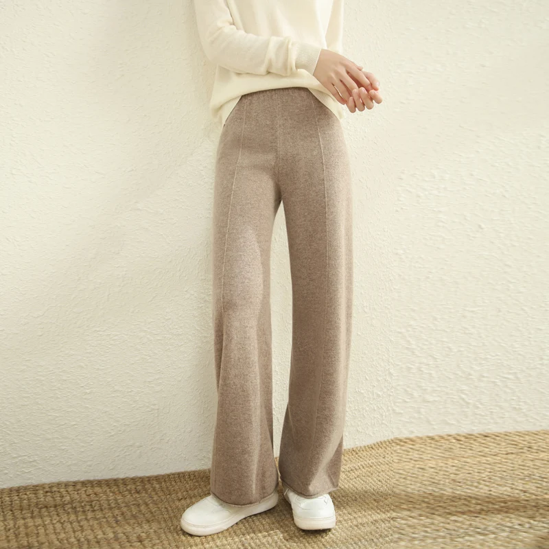 100% Merino Wool Wide Leg Pants Solid Color Knitted Women's Warm Pants Autumn Winter New Product