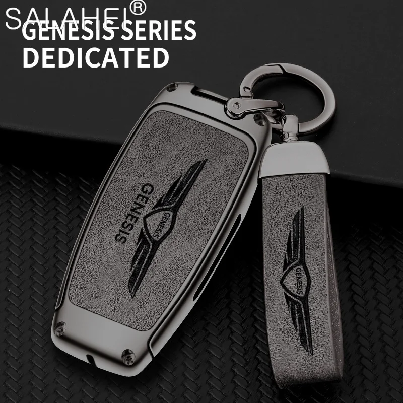 

Zinc Alloy Leather Car Remote Key Case Cover For Genesis G80 GV70 GV80 GV90 2020 2021 2022 Protector Shell Keychain Accessories