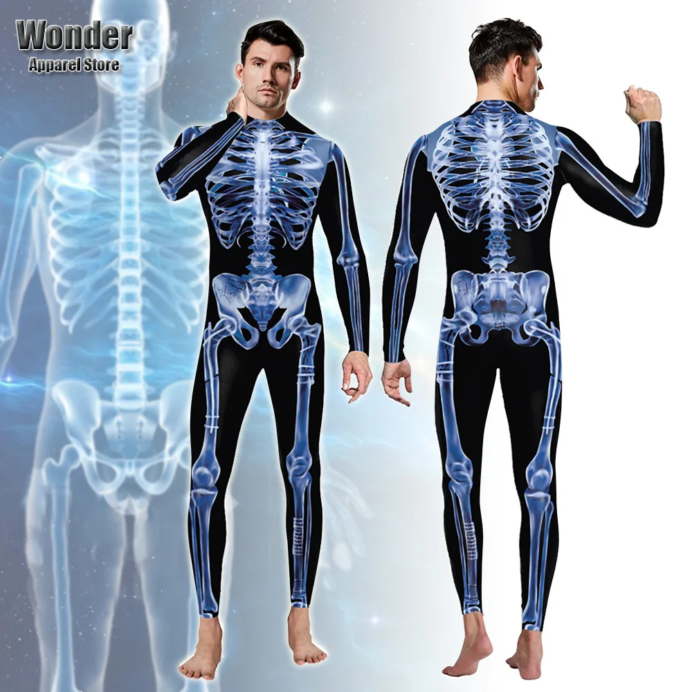 

Women Men Blue Skull Body Skeleton 3D Printing Jumpsuit Adult Halloween Cosplay Costumes Party Role Playing Dress Up Outfit