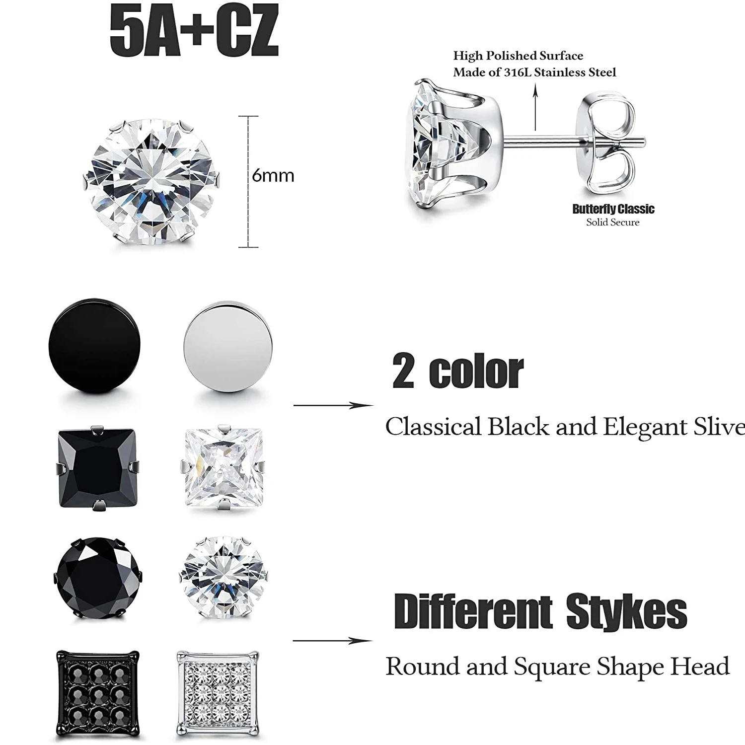 Набор серег из нержавеющей стали с кубическим цирконием комплект 16 пар