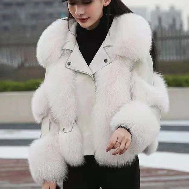 Jackets and Coats Fox Fur Collar Coat Winter Fur Coat Women Clothes High Quality Overcoat Thicken Warm Pu Leather Jacket Female