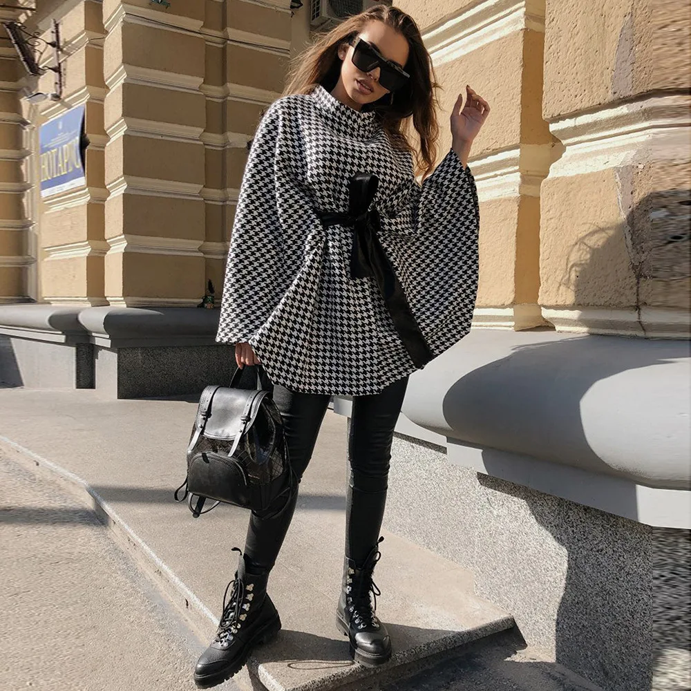 

Elegant Ponchos and Layers of Women Houndstooth Grid Long Sleeves Lace-up Cloak Fall Winter Loose Female Tweed Overcoat Jacket