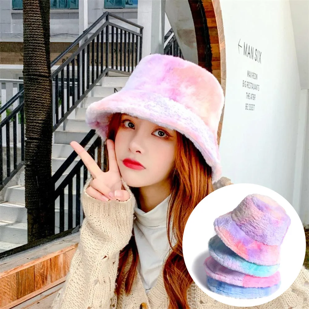 

Women Colorful Tie Dye Bucket Hat Lamb Wool Faux Fur Fisherman Hat Fashion Warm Panama Warm Hats Winter Thinken Fishing Cap