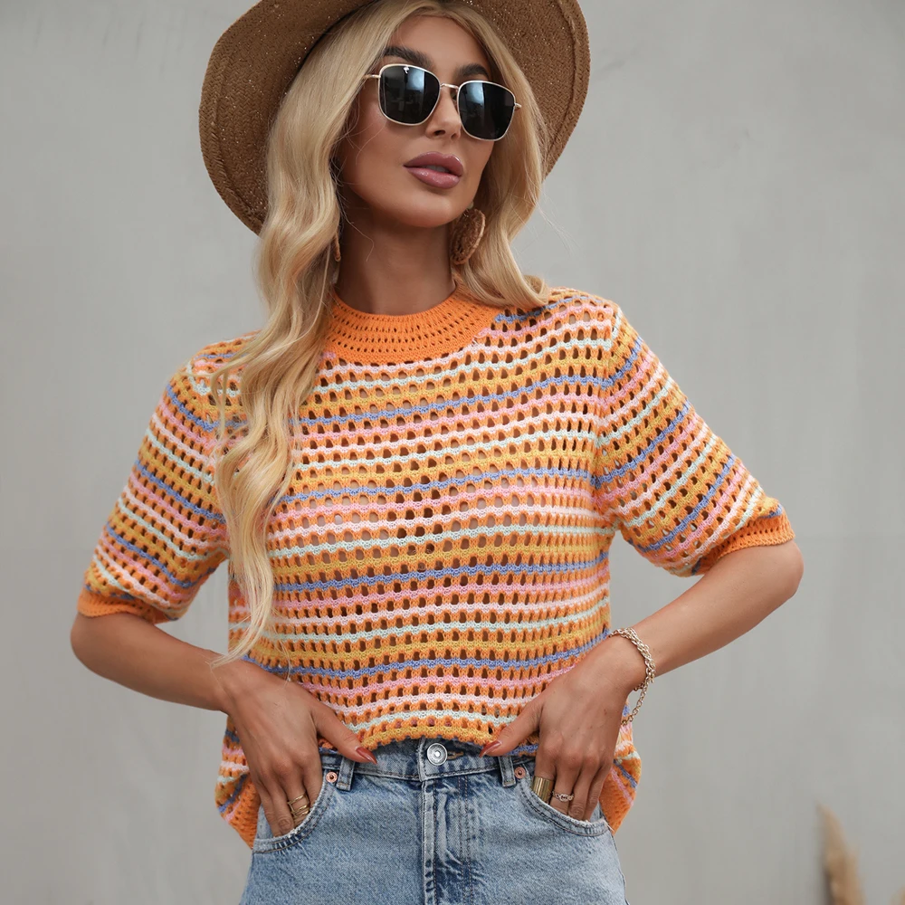 

Женский трикотажный свитер с вырезами, повседневный прозрачный тонкий пуловер в полоску с коротким рукавом, топы