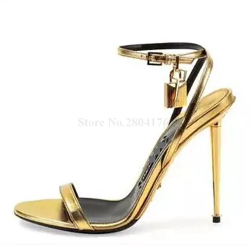 Gold Metal Lock Sandals Fashion Women Open Toe Stiletto Heel Gladiator Sexy Party Dress Shoes