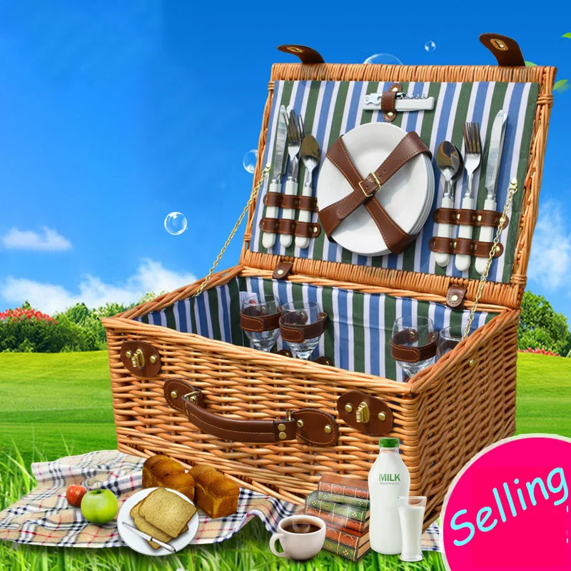 

Wicker Portable Outdoor Picnic Basket with Lid Rattan Picnic Basket Toughness Storage Box Family Outdoor Eating Gadgets