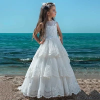 kids first communion dress white ivory cap sleeve beading lace flower girl dress for wedding tiered a line girl party gown