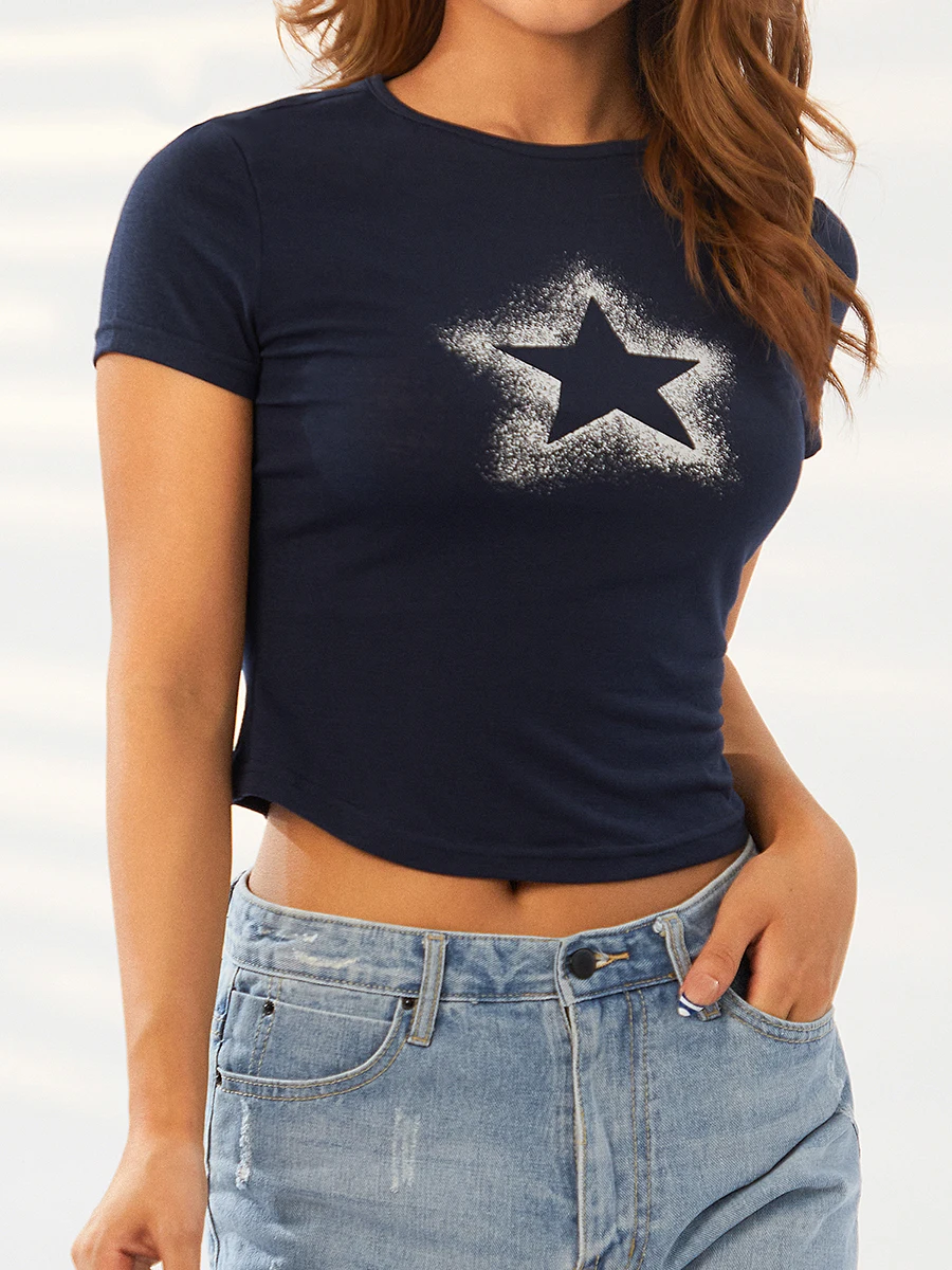 

Y2k Women Fashion T-Shirt Round Neck Skull Star Print Short Sleeve Gothic Punk Grunge E-Girl Loose Fit Tee