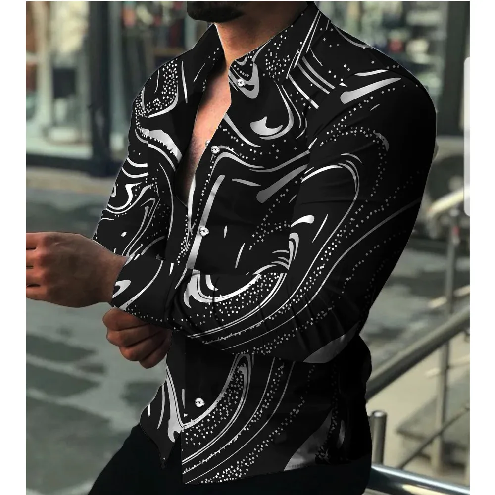 Mens Printed Long Sleeve Shirts Casual Cardigan New Button Holiday Fashion Shirts