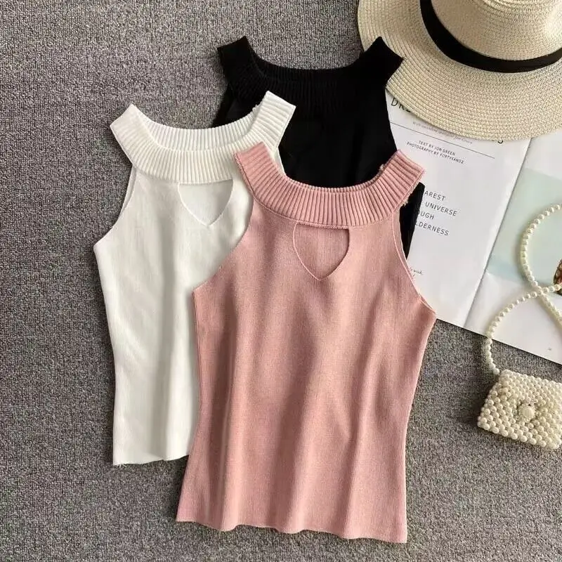 

Summer Solid Vest Sleeveless Fashion Women Camis Casual Cute Y2K Female Clothes Tank Ladies Tops Moto Biker Hollow Out Pink Tee